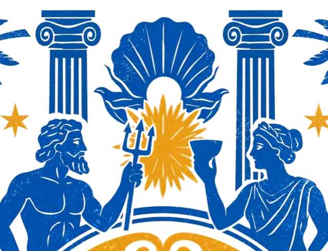 Ilustração oficial da Lenda das Águas: Poseidon e uma deusa brindando entre colunas